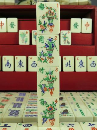 Vintage Mahjong Mah Jongg Set Bone & Bamboo & Unusual Flower Tiles