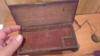 antique hanging balance trade scale in wooden box with weights 11
