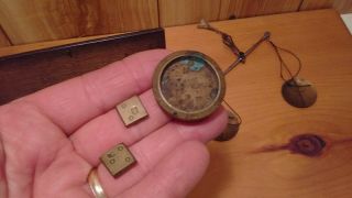 antique hanging balance trade scale in wooden box with weights 9