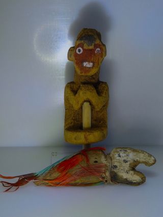 Pre Columbian Two Wood Figure Mask Animal Parrot Feather Chancay Chimu Moche