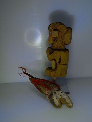 Pre Columbian two wood figure mask animal parrot feather Chancay Chimu Moche 2