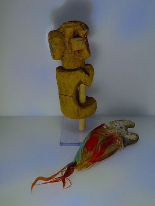Pre Columbian two wood figure mask animal parrot feather Chancay Chimu Moche 3