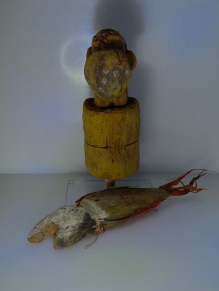 Pre Columbian two wood figure mask animal parrot feather Chancay Chimu Moche 4