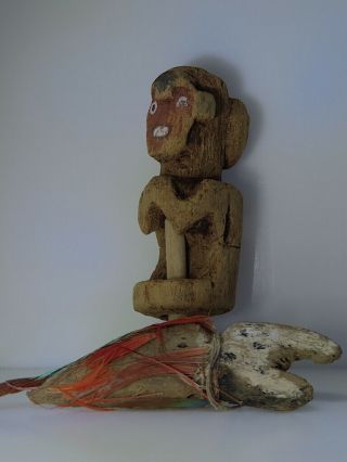 Pre Columbian two wood figure mask animal parrot feather Chancay Chimu Moche 5