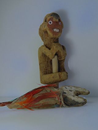 Pre Columbian two wood figure mask animal parrot feather Chancay Chimu Moche 6