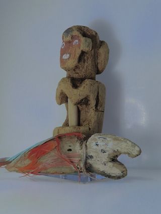 Pre Columbian two wood figure mask animal parrot feather Chancay Chimu Moche 7
