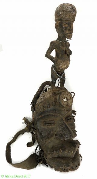 Dan Guere Mask Large Mouth And Figure On Top African Art