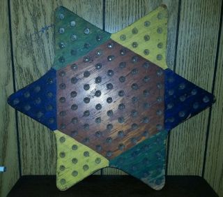 Vintage American Folk Art Hand Carved Painted Multi Colored Wood Star Gameboard
