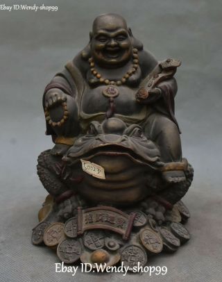 Pure Bronze Happy Laugh Maitreya Buddha Golden Toad Spittor Ruyi Coin Statue