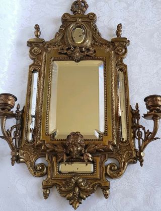 Antique Heavy Bronze Victorian Ornate Mirror Candle Holder Beveled French Empire