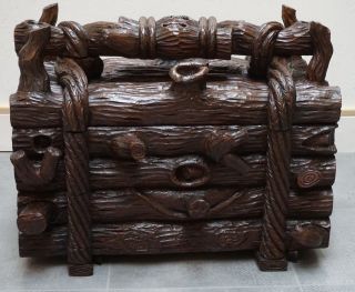 Ant.  Black Forest Spectaculair Trunk Log Box:1890