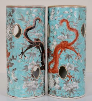 Pair Chinese Porcelain Hat Stands Dragons Flowers Blue Ground Qing Dynasty 19C 3