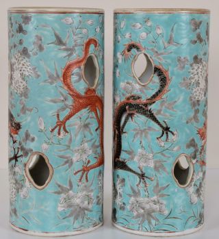 Pair Chinese Porcelain Hat Stands Dragons Flowers Blue Ground Qing Dynasty 19C 7