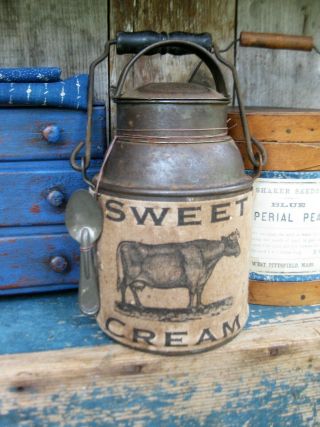 Early Antique Tin Cream Can Homespun Sweet Cream Sleeve
