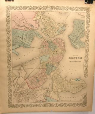 Antique Hand Colored Engraving Map Boston Mass 1859 Colton 