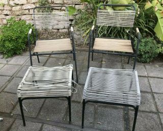 Vintage Mid Century Modern Outdoor Lawn Chairs 2 Pic Set Metal W/ Webbing Straps