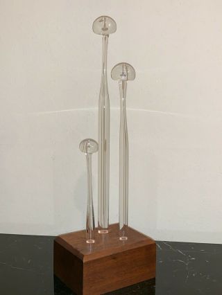Mid Century Abstract Mushrooms Glass Sculpture On Wood Base