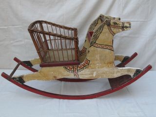Antique Victorian Shoo Fly Childs Rocking Horse Wicker Seat