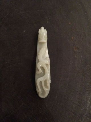 Chinese Antique Celadon Jade Belt Hook With Chilong Dragon Qing Or Republic