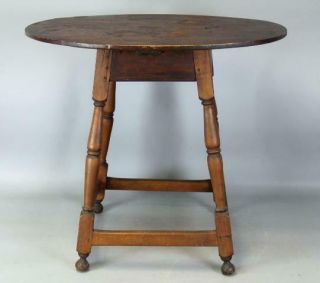 GREAT EARLY 18TH C WILLIAM AND MARY OVAL TOP STRETCHER BASE TAVERN TABLE 2