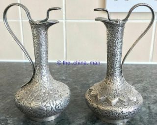 Pair Antique Indian Kutch Solid Silver Kings Snake Handle Oil And Vinegar Jugs