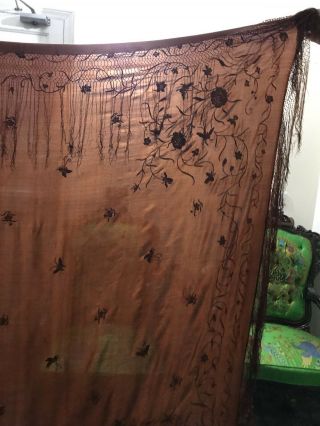 Antique Chinese Hand Embroidered Silk Piano Shawl 62” X 62” Fringe 10” Chocolate 11