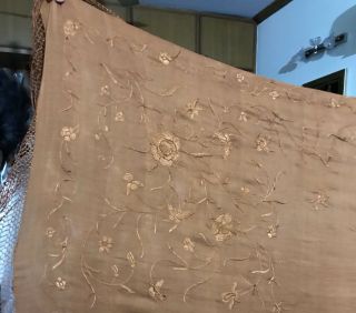 Antique Chinese Hand Embroidered Silk Piano Shawl 62” X 62” Fringe 10” Chocolate 8