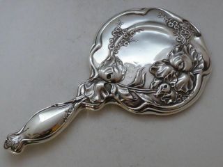 Art Nouveau 1907 Solid Hallmarked Silver Hand Mirror