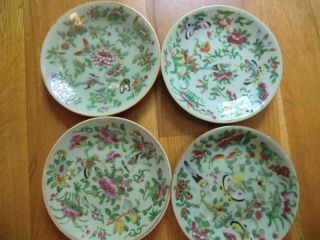 4 Antique Chinese Celadon Porcelain Plates Canton Famille Rose Export 19th Qing