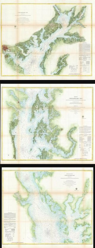 1857 U.  S.  Coast Survey Map Of The Chesapeake Bay (3 Parts)