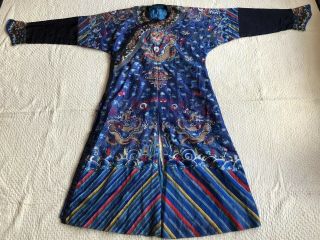 Antique Chinese Embroidered Silk Dragon Robe Jifu Qing Dynasty Forbidden Stitch