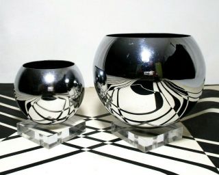 RARE ROBERT SONNEMAN VINT MOD CHROME TWIN GRADUATED EYEBALL BOWLS/LUCITE BASES 2