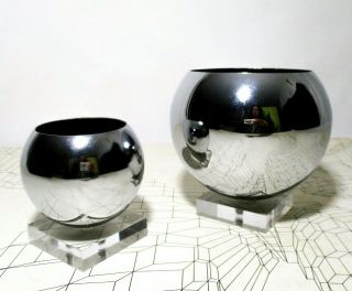 RARE ROBERT SONNEMAN VINT MOD CHROME TWIN GRADUATED EYEBALL BOWLS/LUCITE BASES 5