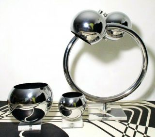 RARE ROBERT SONNEMAN VINT MOD CHROME TWIN GRADUATED EYEBALL BOWLS/LUCITE BASES 6