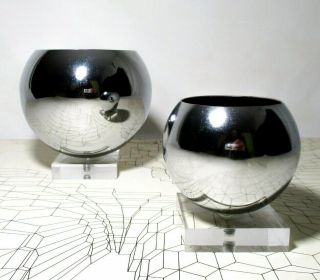 RARE ROBERT SONNEMAN VINT MOD CHROME TWIN GRADUATED EYEBALL BOWLS/LUCITE BASES 7