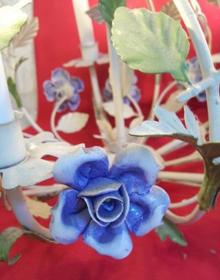 Vintage Italian Tole Chandelier Blue Porcelain Roses Birdcage Shape Chippy White 2