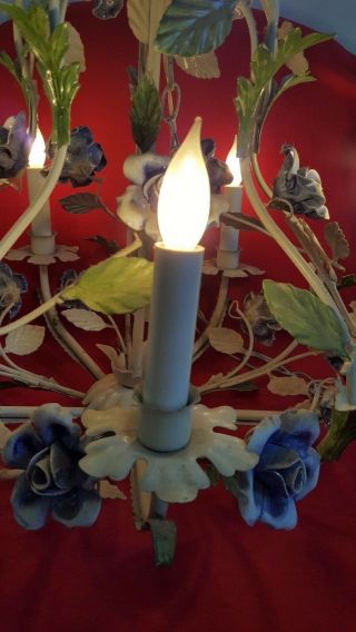 Vintage Italian Tole Chandelier Blue Porcelain Roses Birdcage Shape Chippy White 3