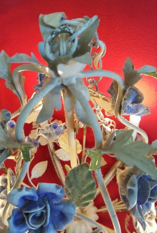 Vintage Italian Tole Chandelier Blue Porcelain Roses Birdcage Shape Chippy White 5