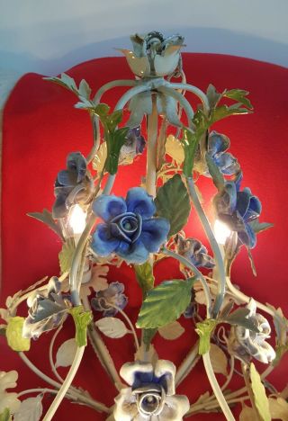 Vintage Italian Tole Chandelier Blue Porcelain Roses Birdcage Shape Chippy White 6