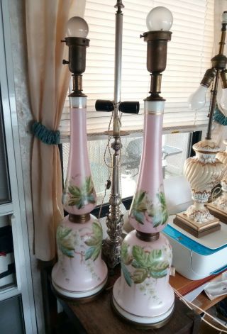 Antique Bristol Glass Pink & White Opaline Floral Milk Glass Lamps