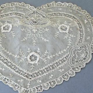 Vintage French Tambour Lace Heart Shaped Pillow Case Embroidered Flowers 17 " X13 "