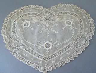 Vintage French TAMBOUR LACE HEART Shaped Pillow Case Embroidered FLOWERS 17 