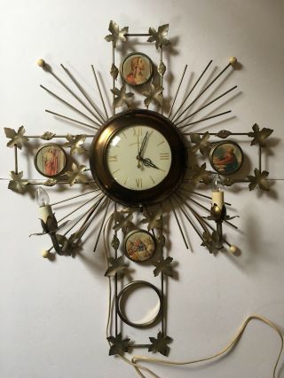 Vintage Religious Metal United Wall Clock And Sconce,  Atomic Starburst Cross