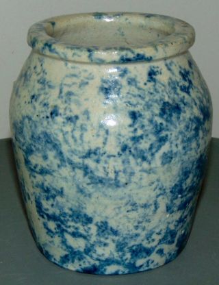 ANTIQUE BLUE SPONGEWARE Small Jar CROCK 2