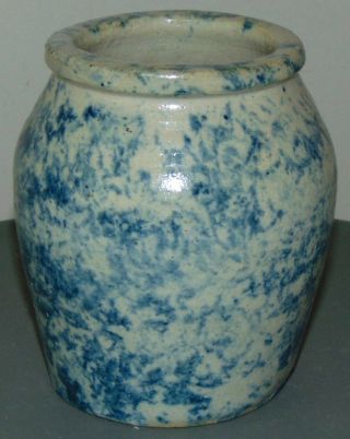 ANTIQUE BLUE SPONGEWARE Small Jar CROCK 3