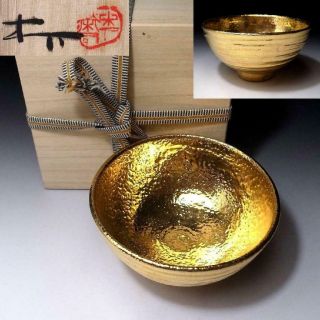 ZC1: Japanese Pottery Tea bowl by Famous potter,  Eiji Kinoshita,  Gorgeous Gold 2