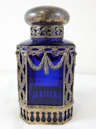 Antique German Silver 800 Cobalt Glass Tea Caddy Laurel Wreath Column Design