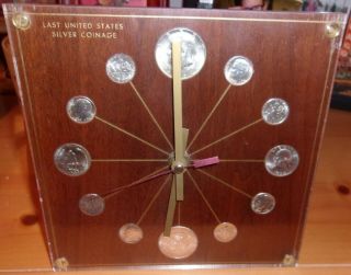 Vintage 1960s Silver Coin Clock Marion Kay Lucite Walnut 72 Orig Cond