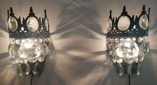 Matching Antique Vintage Brass & Crystals Wall Sconces Lighting Light