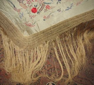 Antique Embroidered Canton Ivory Silk Piano Scarf Flowers & Birds 2